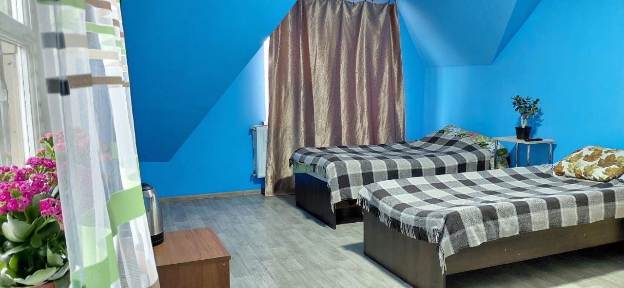 Блакитна кімната з двома ліжками та квітами біля вікна у центрі Рестарт+