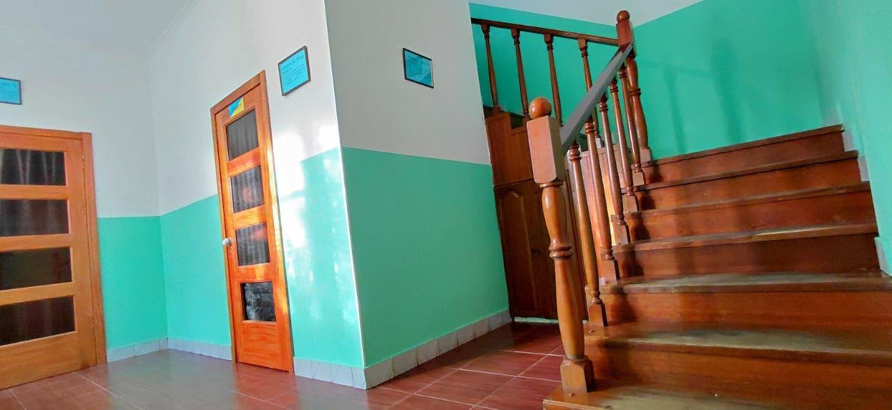 Дерев'яні сходи та двері в будинку центру Рестарт+ із зелено-білими стінами